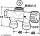 Technisches Diagramm eines Ventils mit Anschlussgewinde und zwei Ausgängen, beschriftet mit den Maßen. Marke IMI Hydronic Engineering ist angegeben.